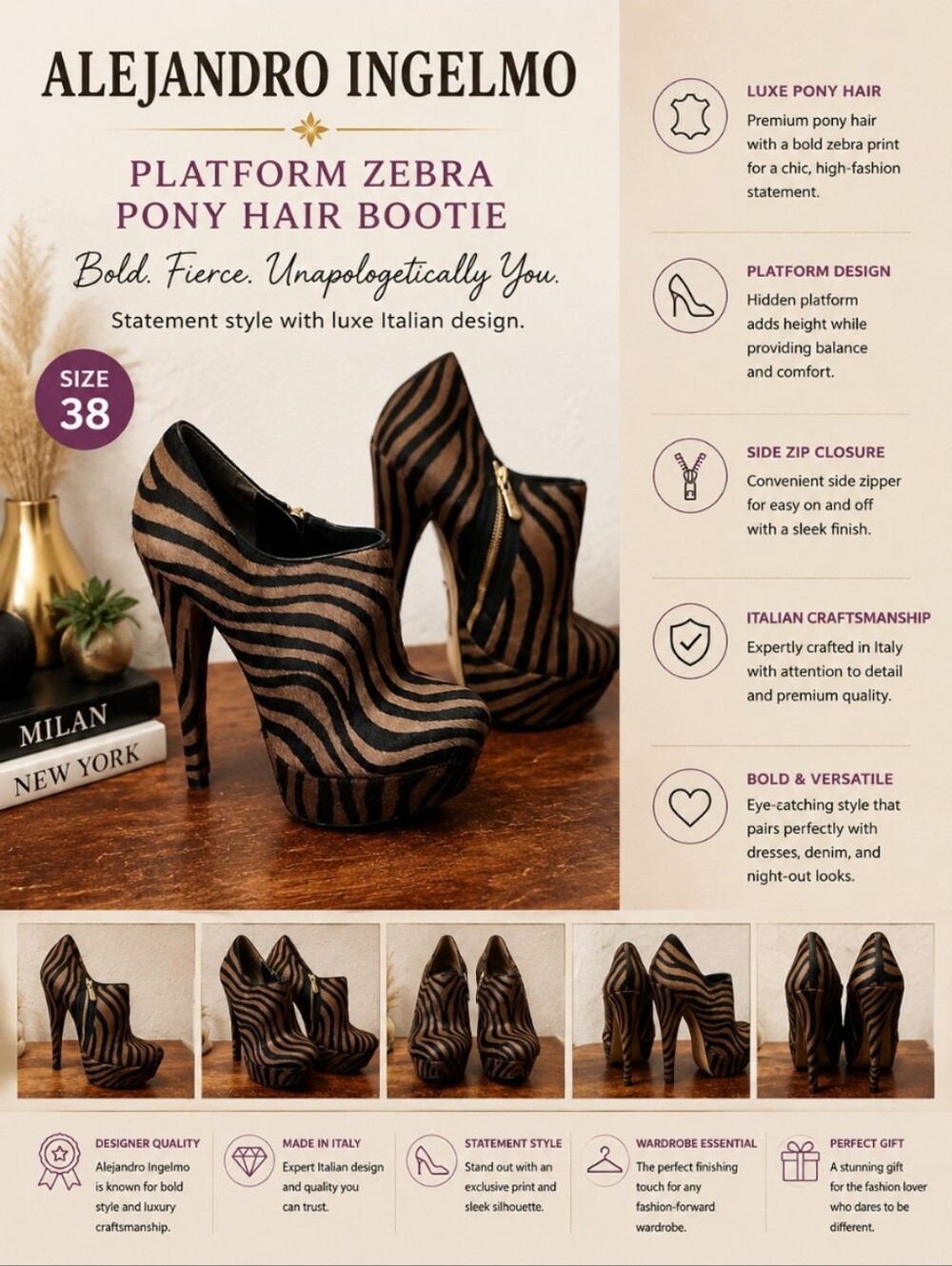 ALEJANDRO INGELMO Platform Zebra Animal Print Pony Hair Heels Bootie 38